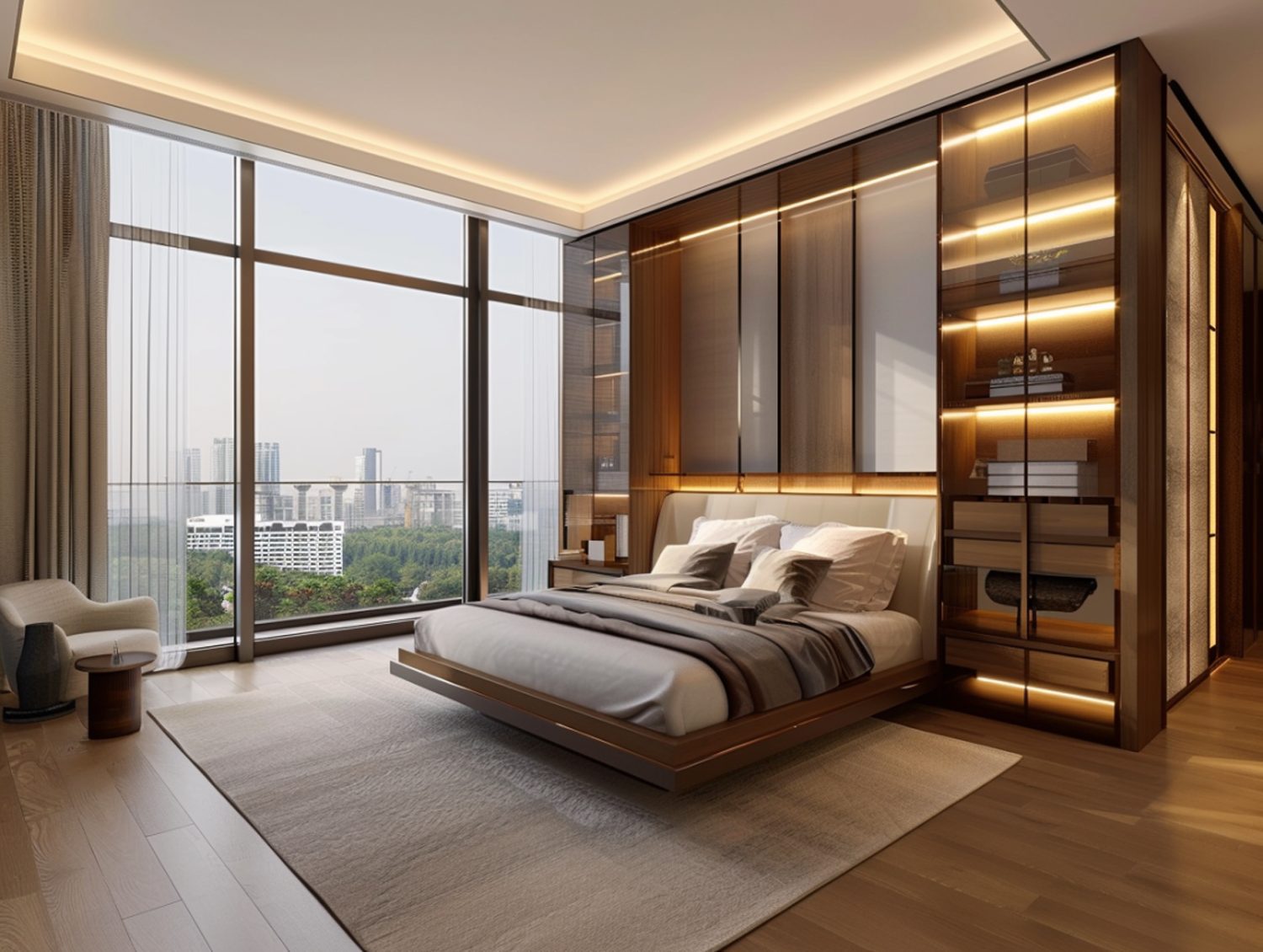 Łóżko z ciemnym drewnianym zagłówkiem i panoramicznym widokiem