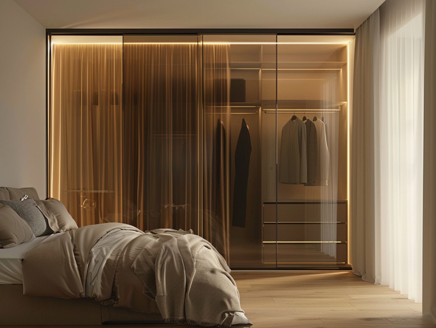 Nowoczesna garderoba z przezroczystą zasłoną i złotymi akcentami