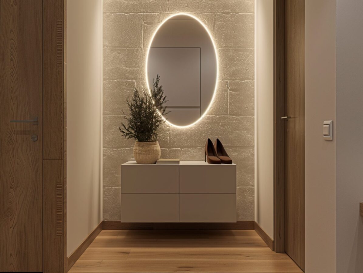 Owalne lustro i konsola z podświetleniem LED w przedpokoju glamour