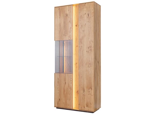 Nowoczesna witryna dębowa z oświetleniem i pionowym przeszkleniem