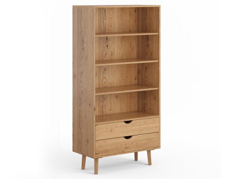 Regał dębowy z szufladą i czterema półkami – widok z przodu