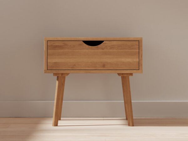 Stolik nocny z szufladą i wysokimi nogami – widok z boku