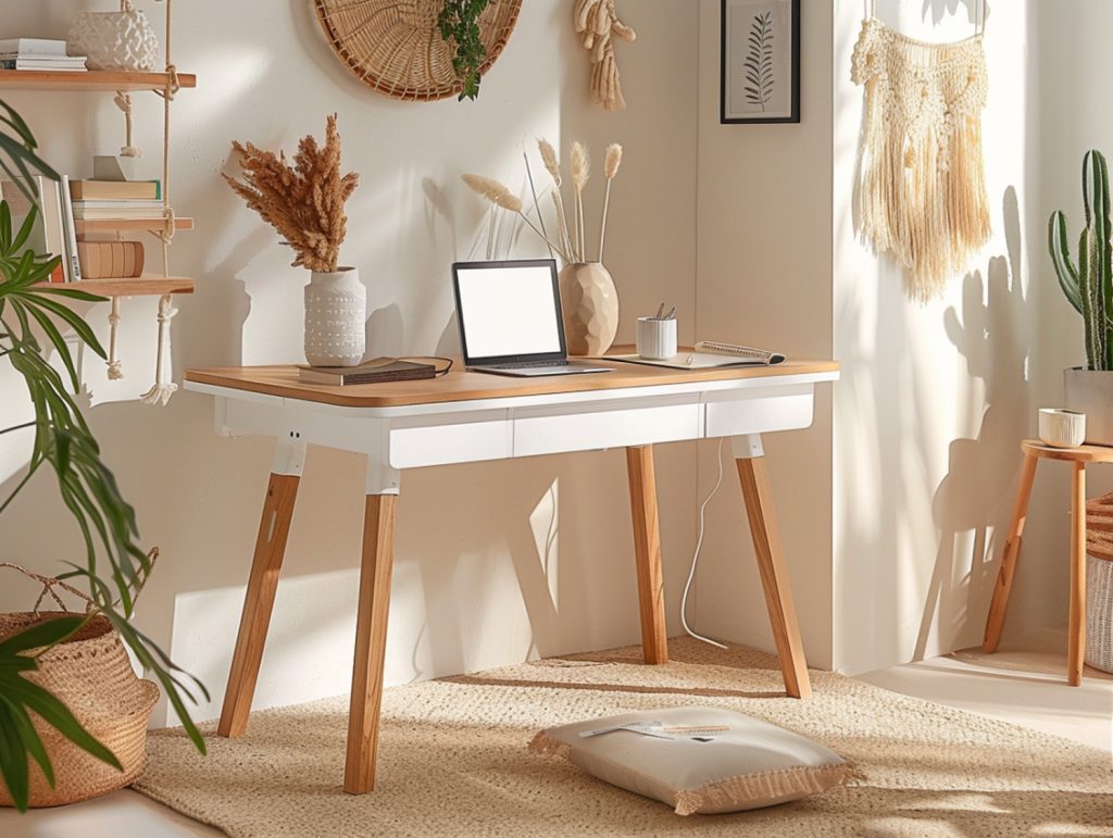 Białe biurko z drewnianymi nogami i dekoracją w stylu skandynawskim