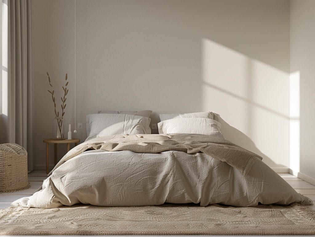 Łóżko z beżową pościelą w jasnej sypialni w stylu skandynawskim