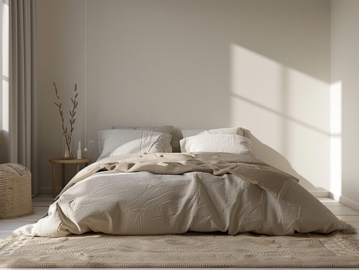 Łóżko z beżową pościelą w jasnej sypialni w stylu skandynawskim