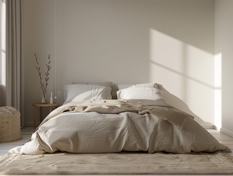 Łóżko z beżową pościelą w jasnej sypialni w stylu skandynawskim