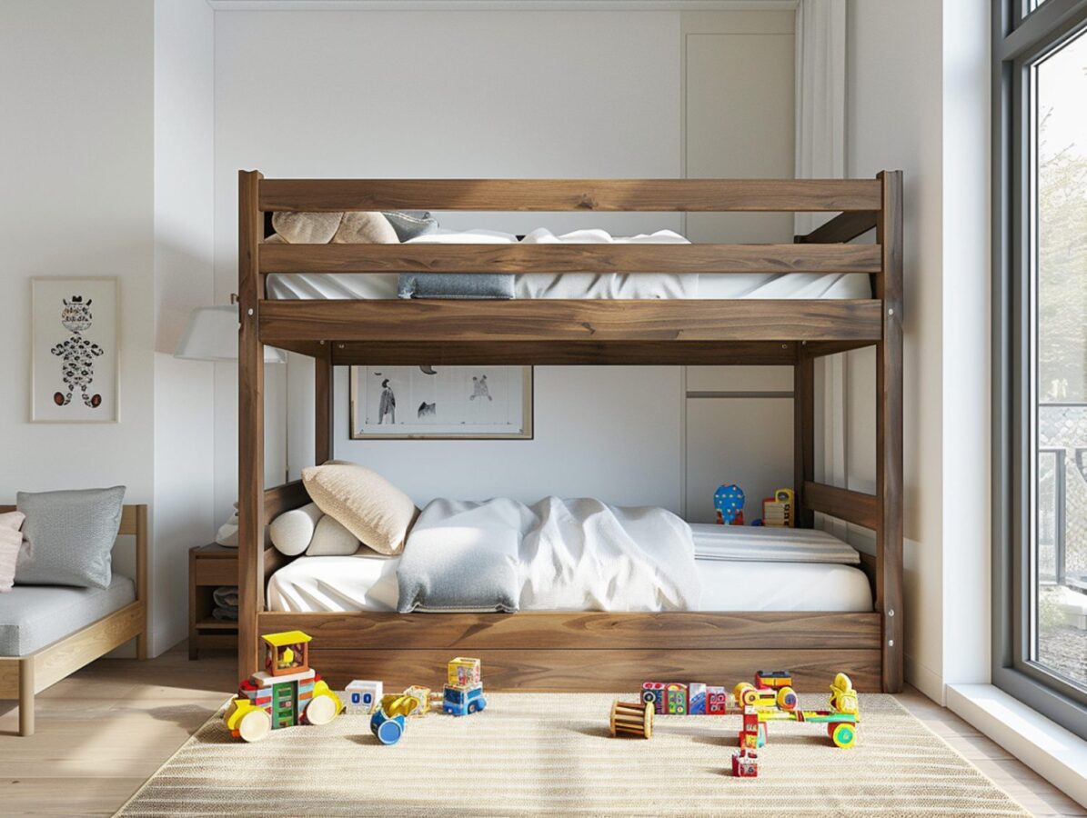 Drewniane łóżko piętrowe z materacami w pokoju dziecięcym