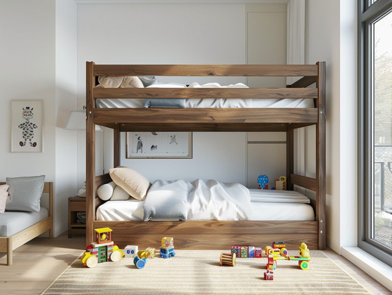 Drewniane łóżko piętrowe z materacami w pokoju dziecięcym