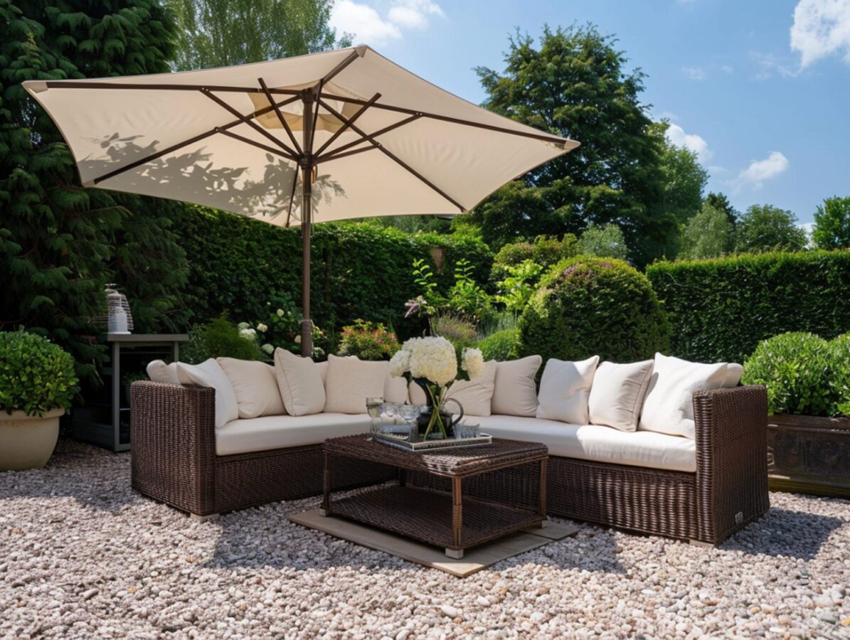 Brązowy zestaw ogrodowy z parasolem w klasycznym ogrodzie