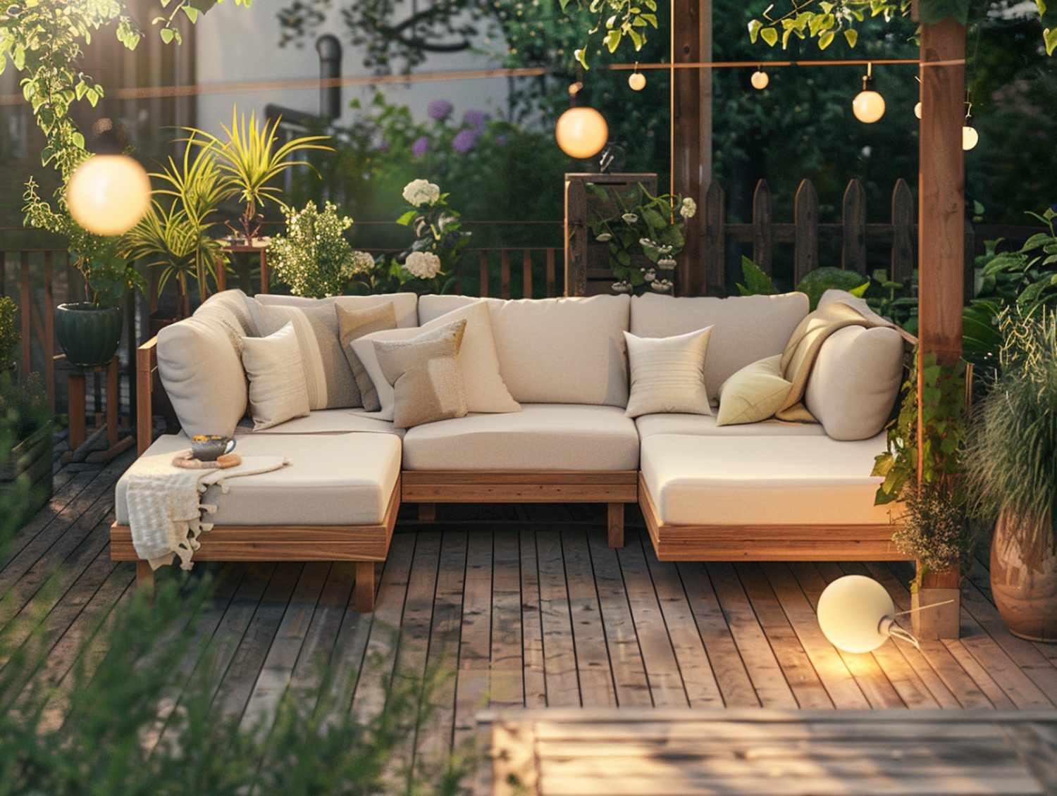 Tarasowy narożnik z drewna z poduszkami w stylu naturalnym