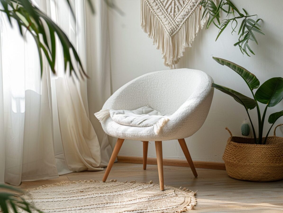 Biały fotel z drewnianymi nogami w przytulnym pokoju w stylu hygge