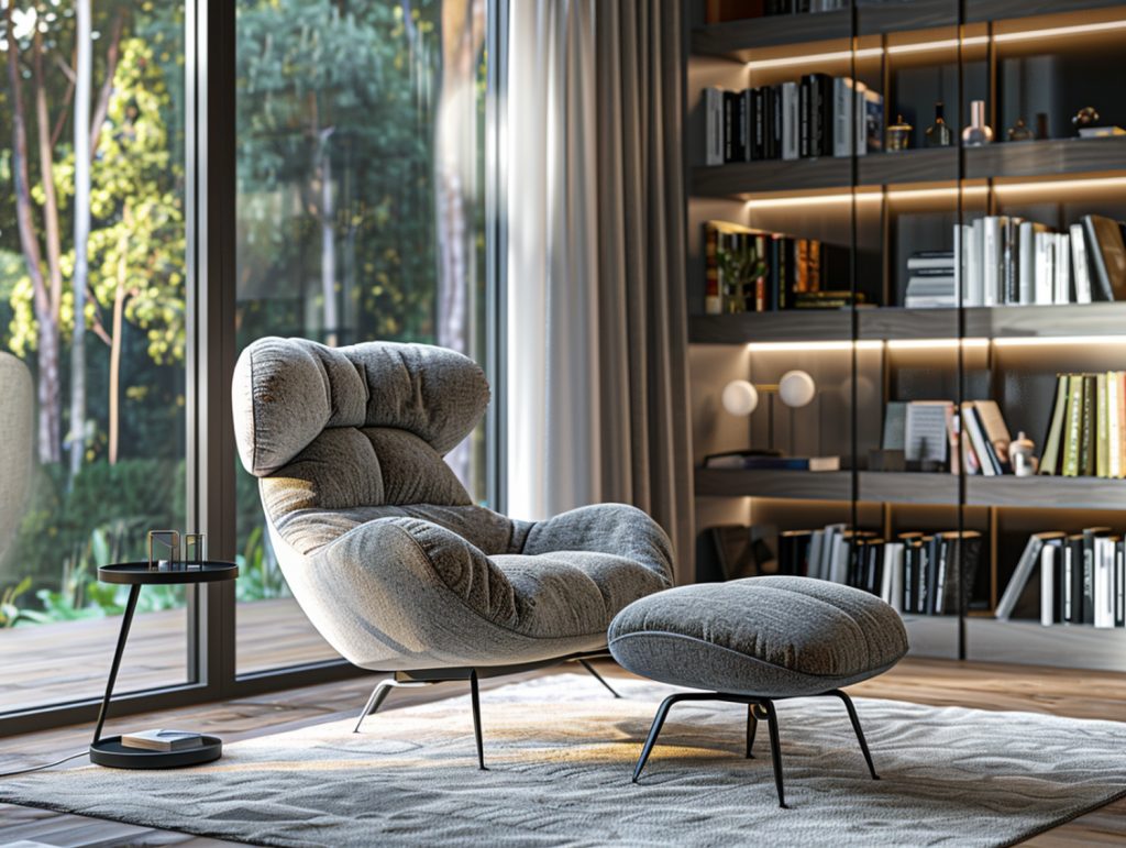 Nowoczesny fotel z podnóżkiem przy oknie w jasnym salonie