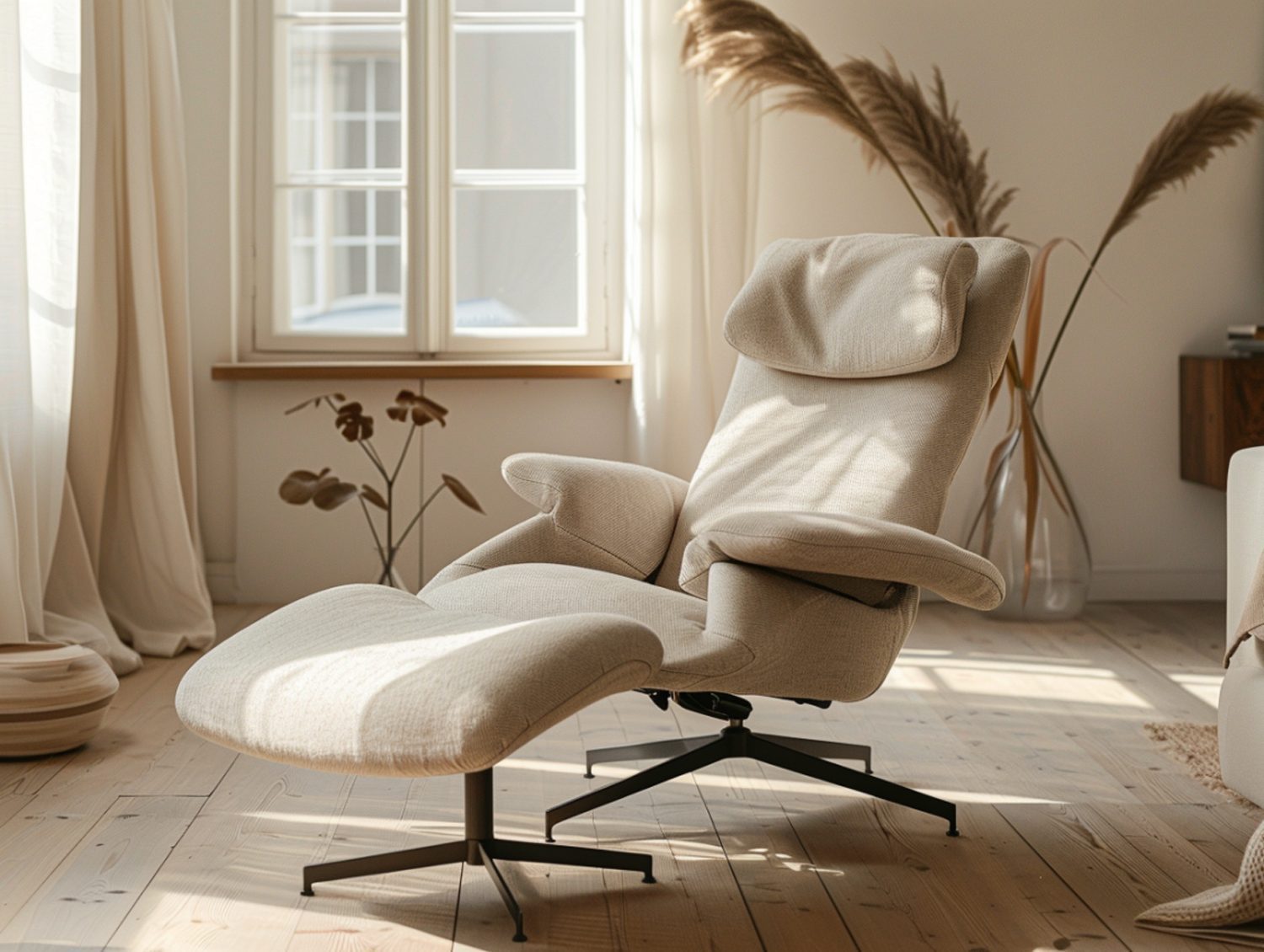 Fotel relaksacyjny z podnóżkiem w jasnym wnętrzu z oknem