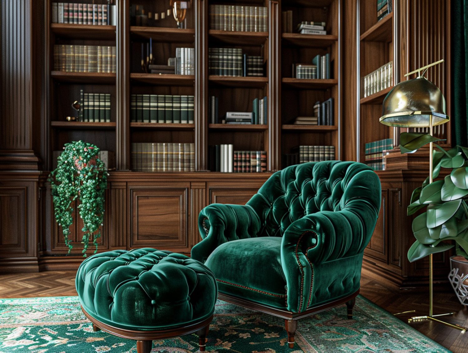 Zielona aksamitna leżanka z podnóżkiem w klasycznej bibliotece