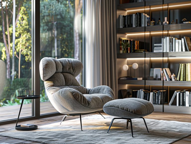 Nowoczesny fotel z podnóżkiem przy oknie w jasnym salonie