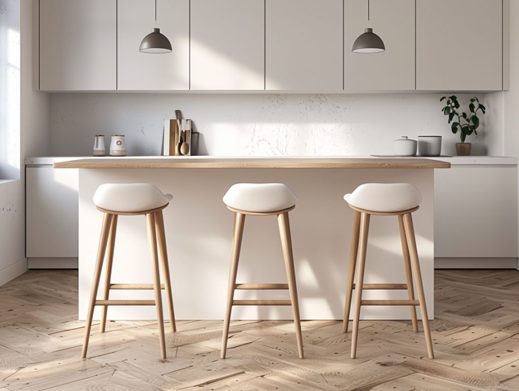 Minimalistyczna wyspa kuchenna z trzema białymi hokerami w stylu modern