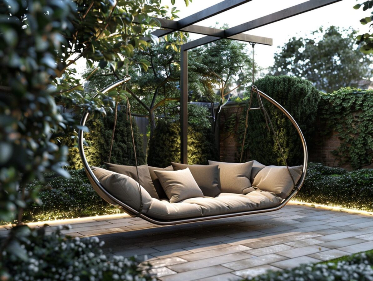 Podwieszany fotel ogrodowy z daszkiem i beżowymi poduszkami