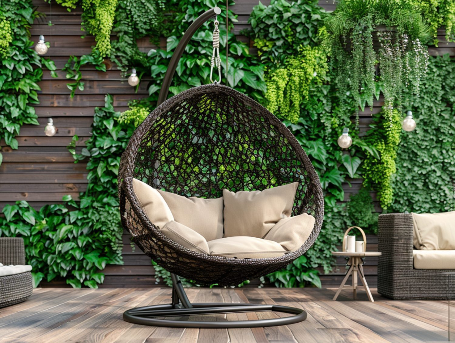 Ogrodowy kokon z rattanu z poduszkami na tle zielonej ściany