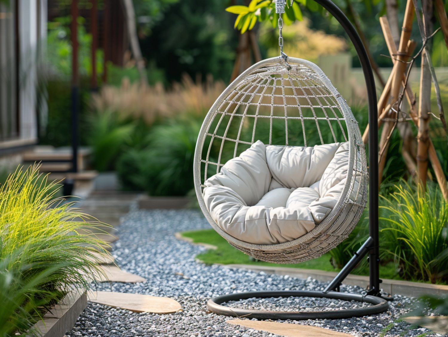 Fotel ogrodowy wiszący w stylu kokon z poduszką na stalowej ramie