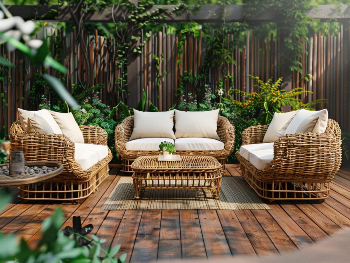 Tarasowy zestaw wypoczynkowy z technorattanu i jasnymi poduszkami