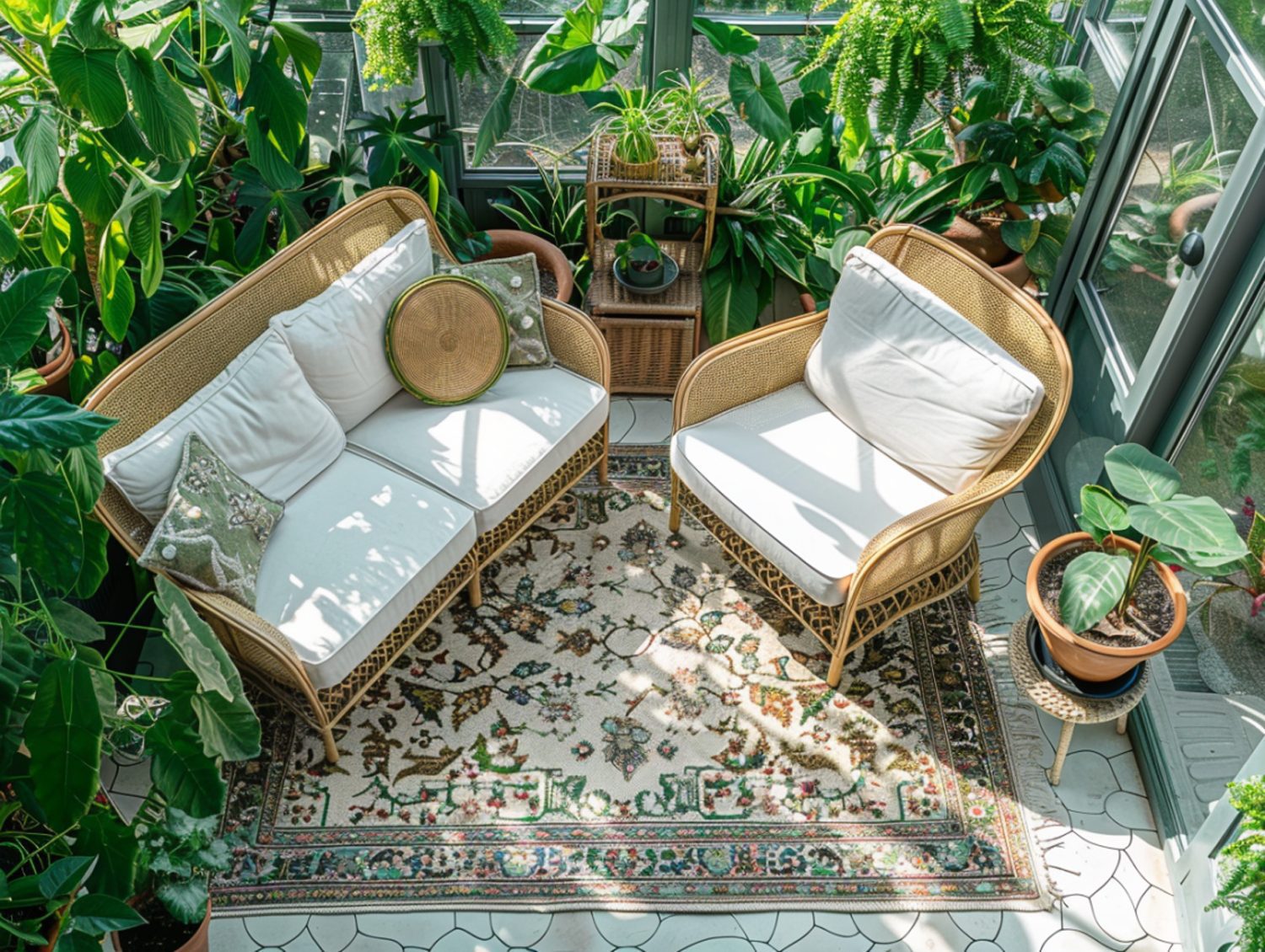 Plecione fotele i stolik kawowy na tle roślin w oranżerii ogrodowej