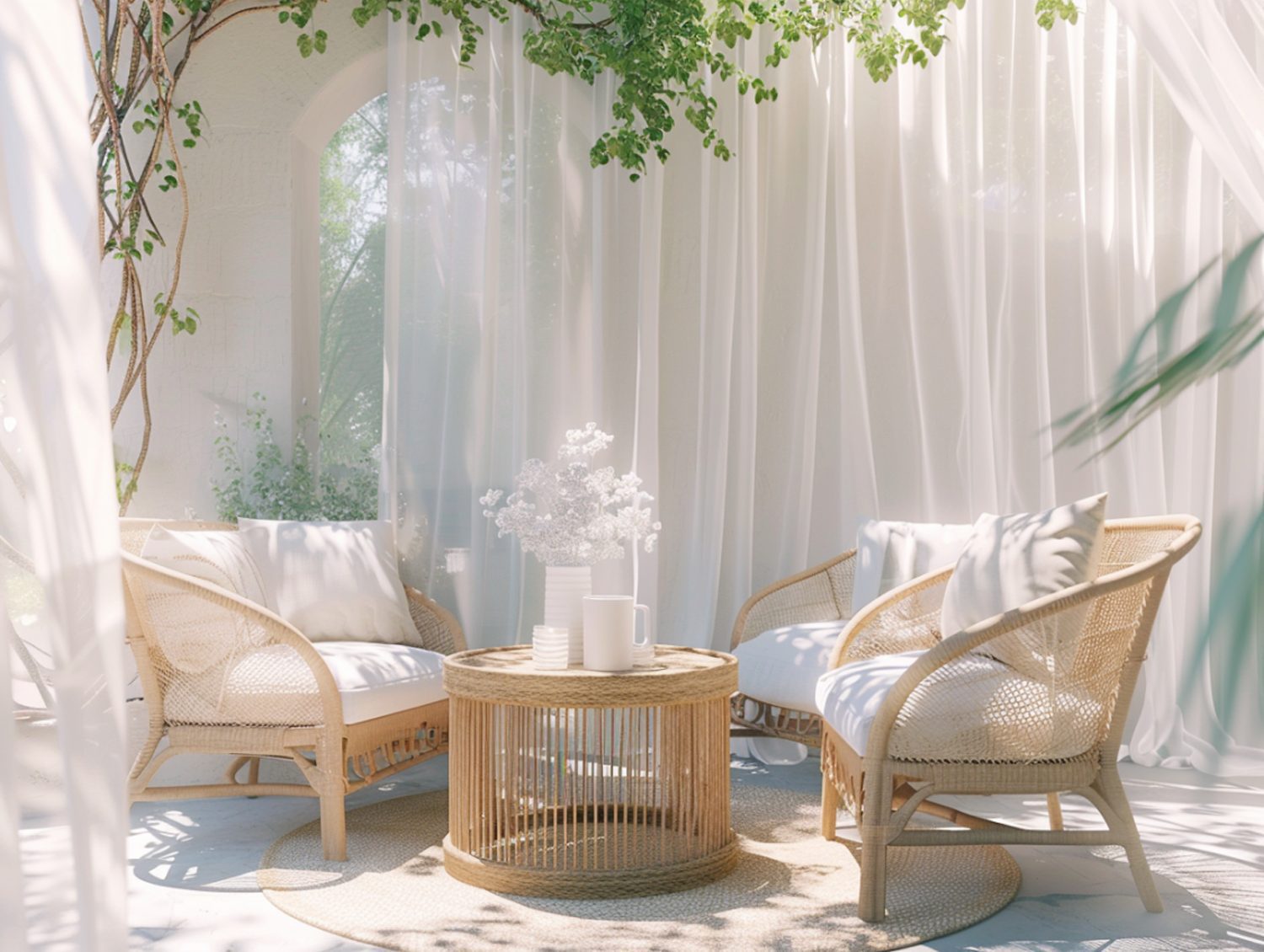 Wiklinowy zestaw kawowy w jasnym wnętrzu z zasłonami w stylu boho