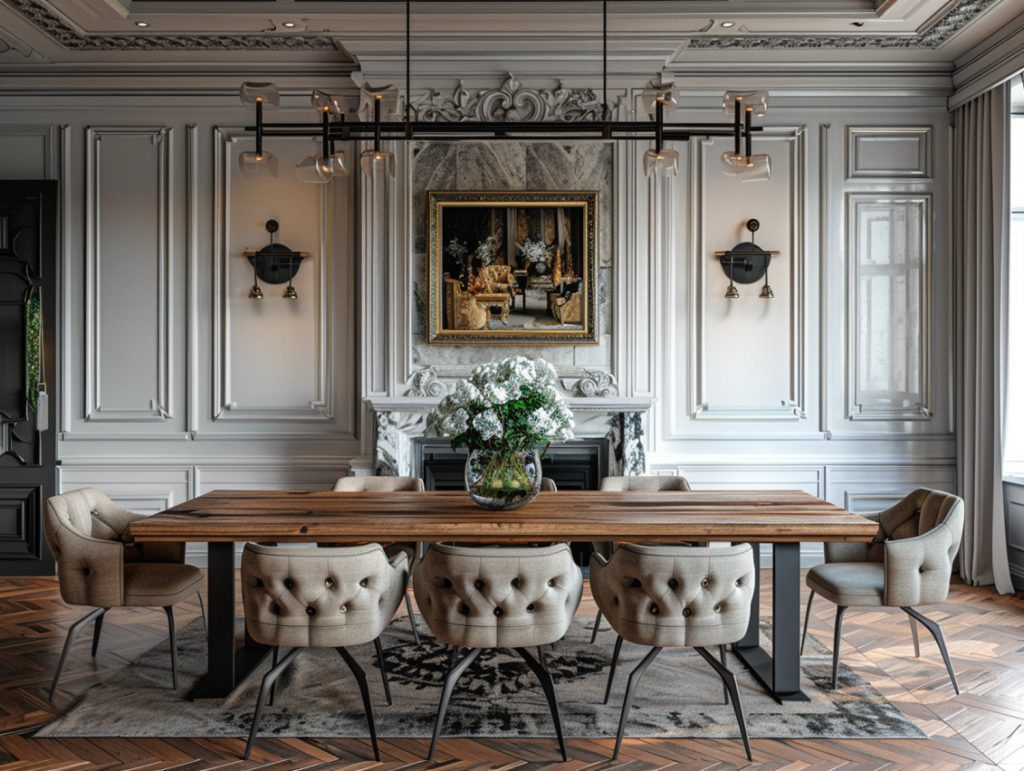 Klasyczny stół jadalniany z tapicerowanymi krzesłami w eleganckim wnętrzu
