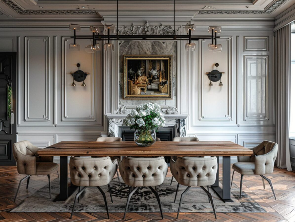 Klasyczny stół jadalniany z tapicerowanymi krzesłami w eleganckim wnętrzu