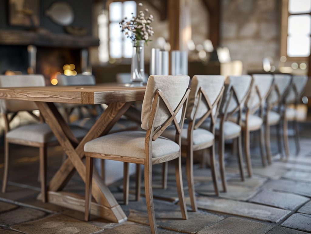 Drewniany stół jadalniany z krzesłami w stylu industrialnym