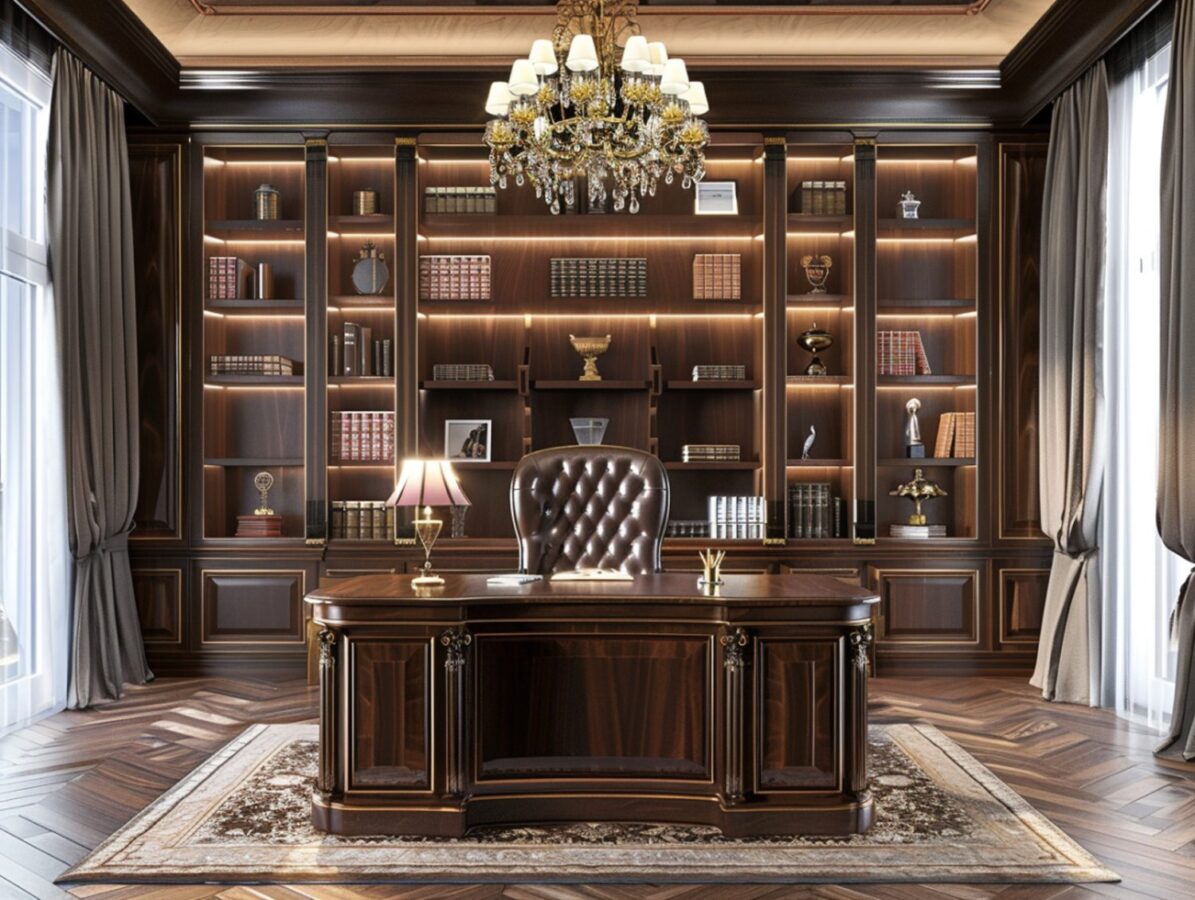 Gabinet z biurkiem i biblioteką z ciemnego drewna w stylu klasycznym