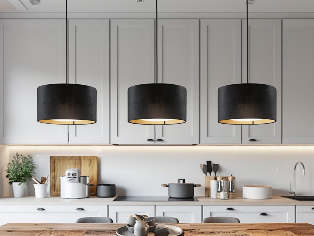 Zabudowa jadalni z wyspą kuchenną i trzema czarnymi lampami sufitowymi