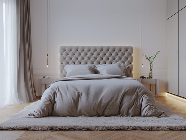 Łóżko z pikowanym zagłówkiem i beżową narzutą w przytulnej sypialni