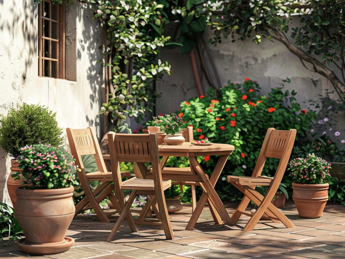 Drewniany stół i krzesła na tarasie w stylu prowansalskim