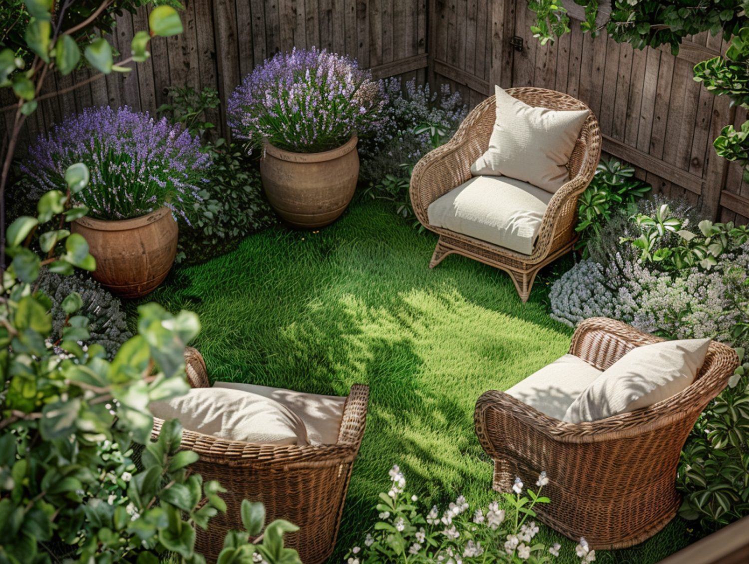 Wiklinowe fotele ogrodowe na tle zieleni w rustykalnym ogrodzie