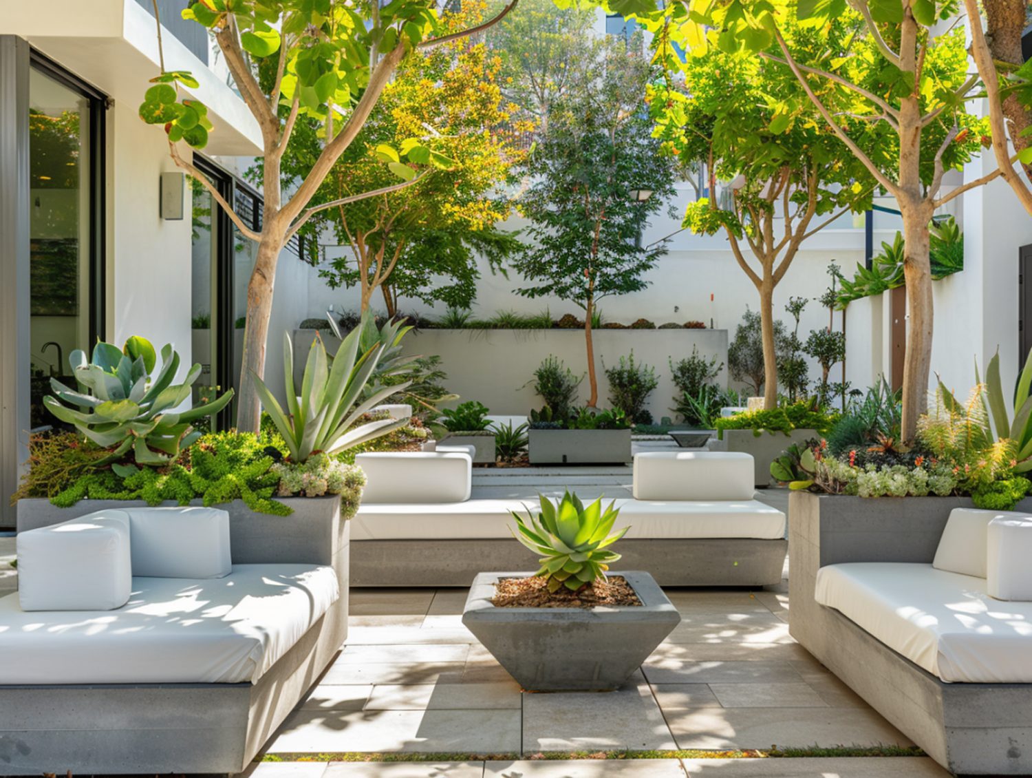 Zestaw wypoczynkowy na patio z roślinnością w stylu śródziemnomorskim