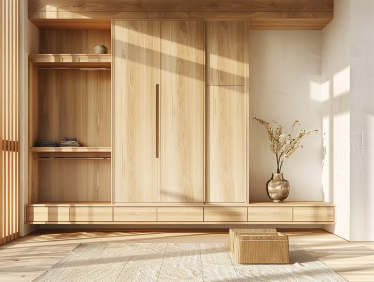 Drewniana zabudowa szaf z jasnym fornirem i dekoracją w stylu naturalnym