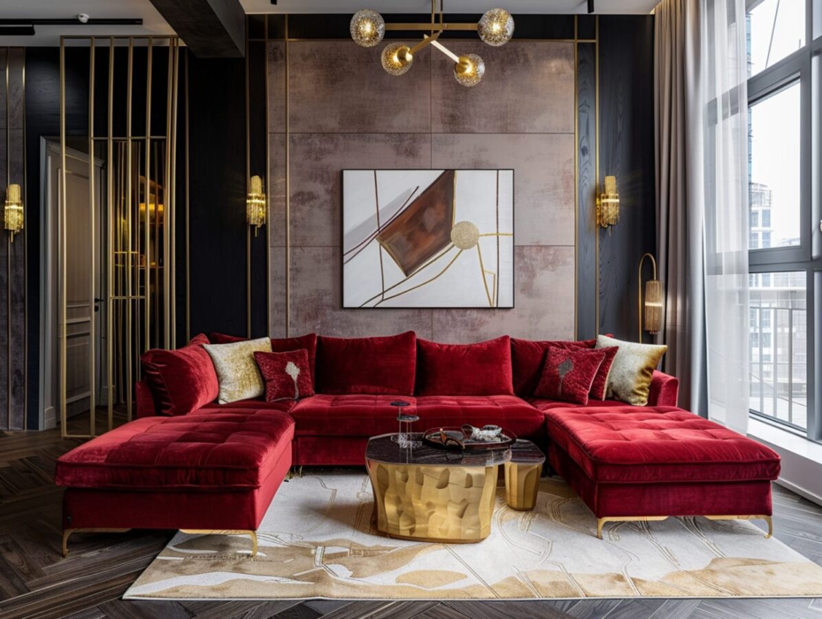 Luksusowy czerwony narożnik w salonie glamour ze złotym stolikiem