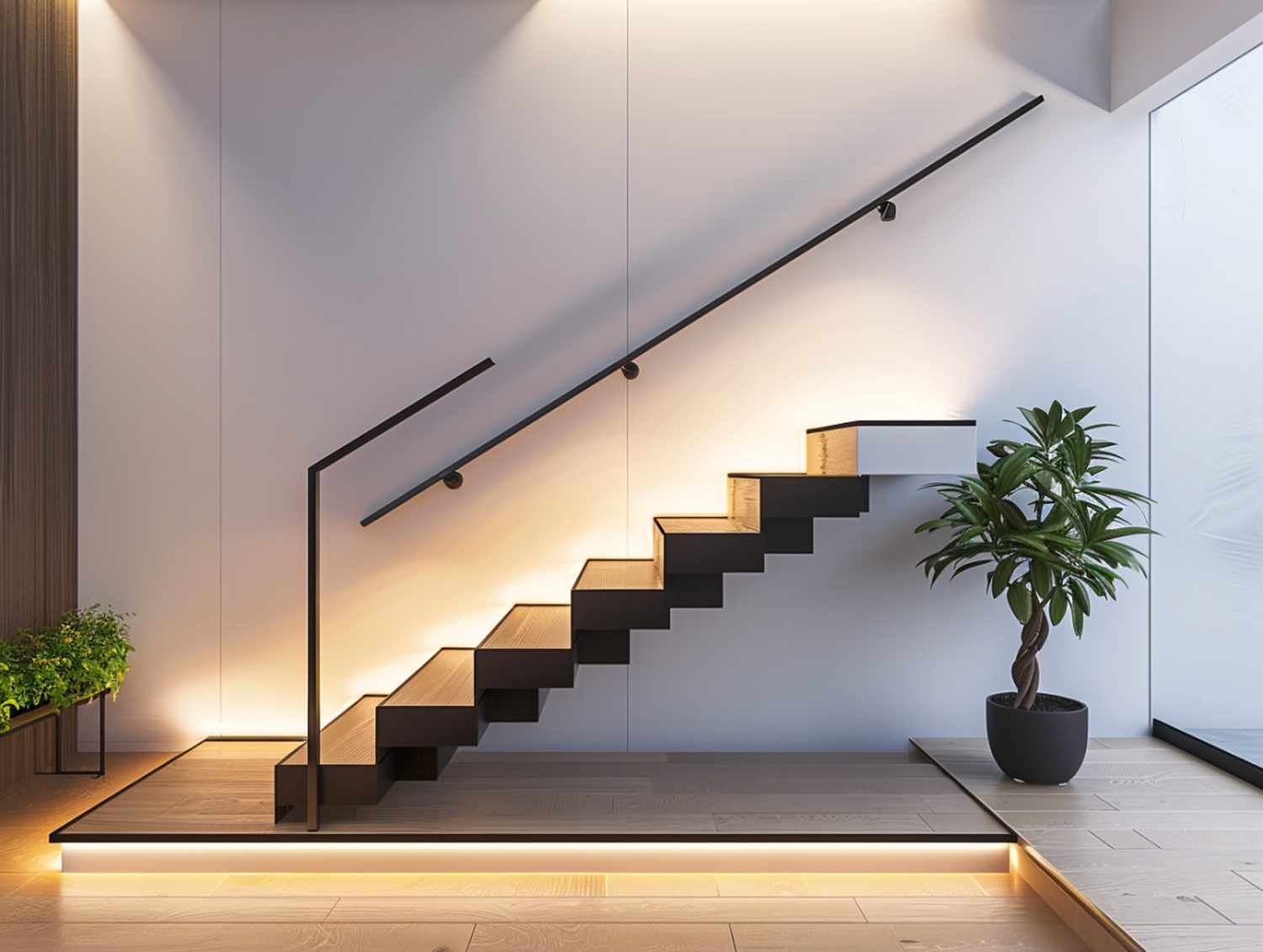 Schody z jasnego drewna i podświetleniem w minimalistycznym wnętrzu