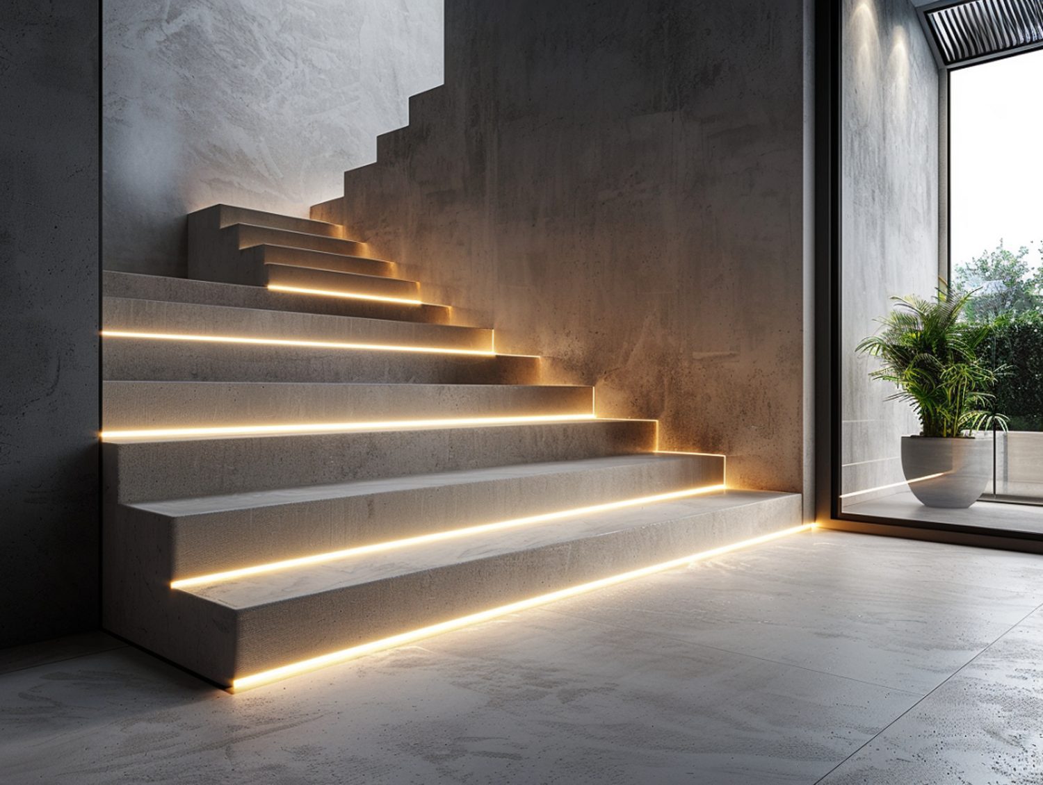 Ciemne betonowe schody z bocznym oświetleniem LED w stylu loftowym