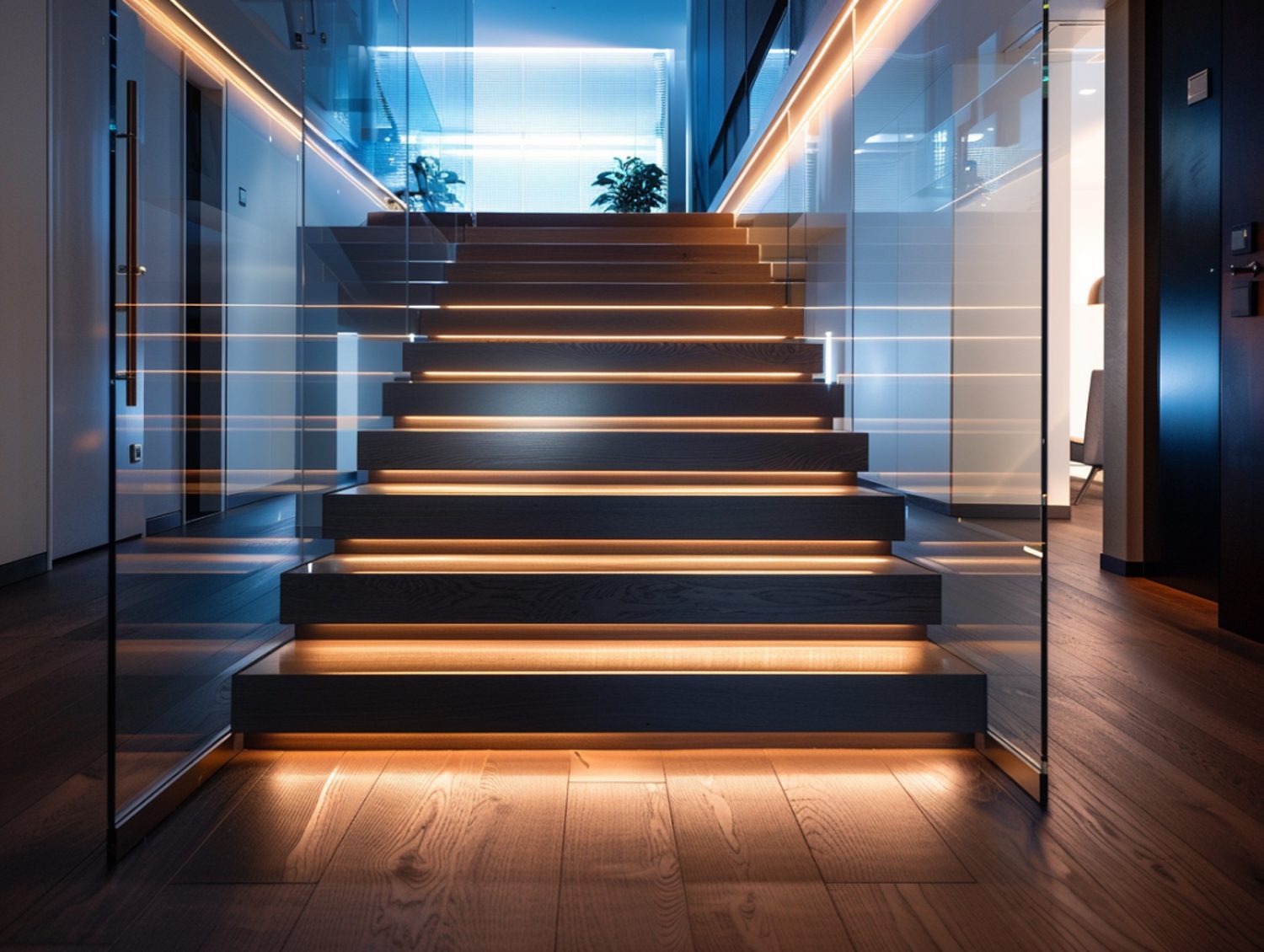 Nowoczesne schody z podświetleniem LED i szklaną balustradą
