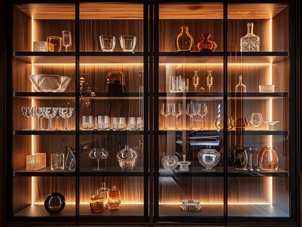 Przeszklona witryna z podświetleniem LED na szkło w nowoczesnej jadalni