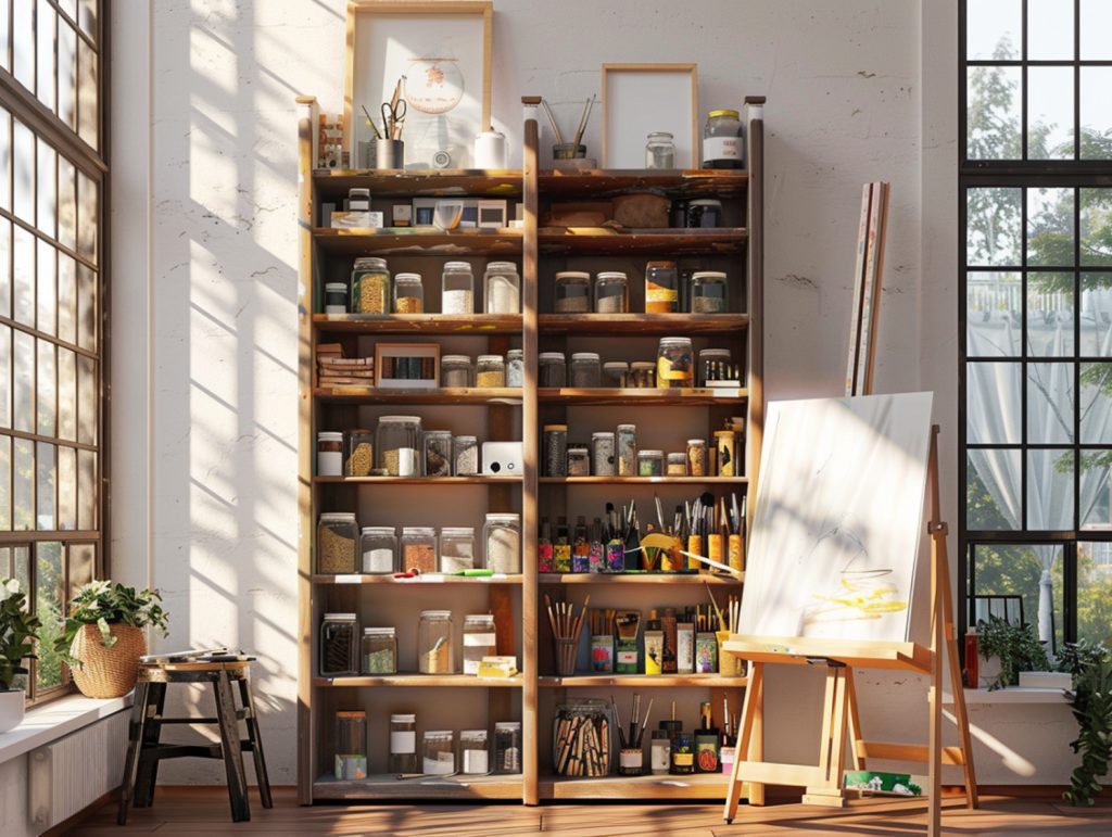 Drewniany regał na farby i akcesoria malarskie w pracowni artystycznej