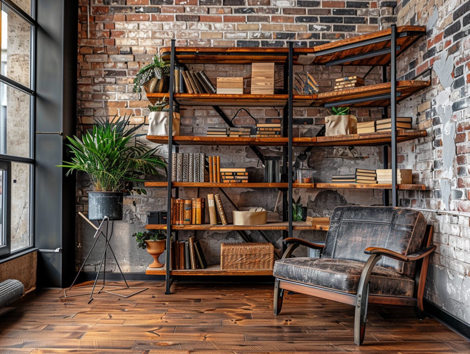 Regał industrialny z metalu i drewna przy ceglanej ścianie