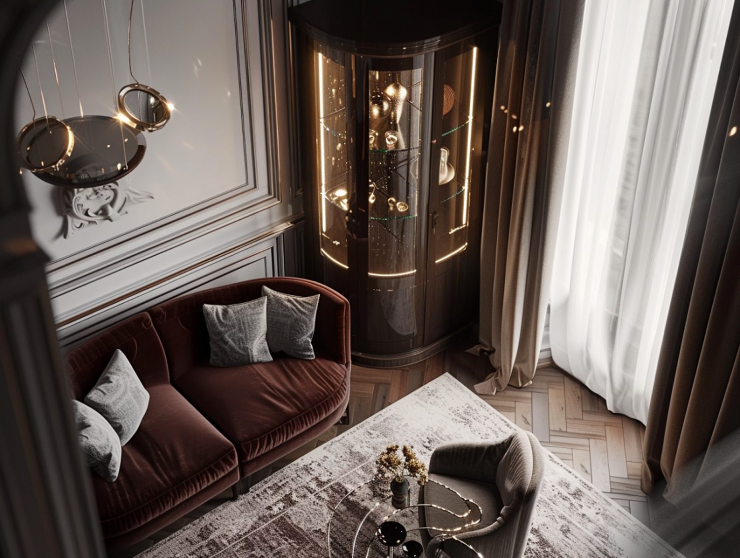 Zaokrąglona witryna narożna z podświetleniem i dekoracją w stylu klasycznym