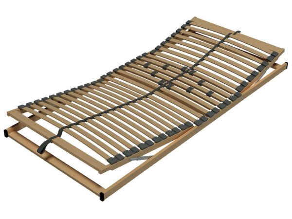 Drewniana rama łóżka z elastycznym stelażem i metalowym wspornikiem w stylu industrialnym