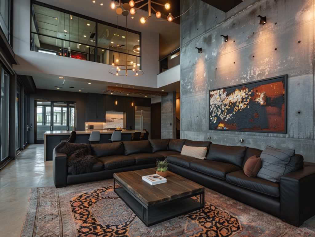 Loftowy salon z ciemnymi sofami i otwartą przestrzenią