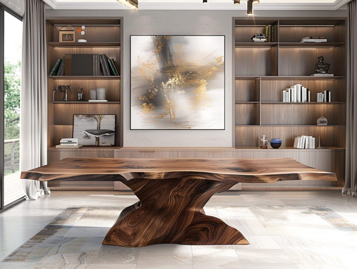 Stół oraz półki abstrakcyjnym obrazem w nowoczesnym salonie