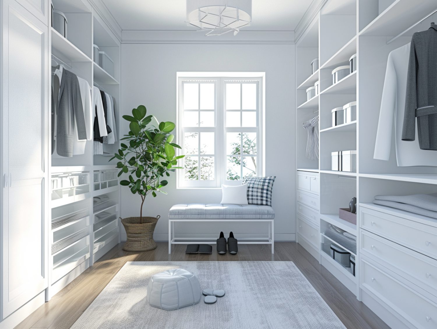 Przestronna garderoba z półkami i naturalnym światłem w stylu modern