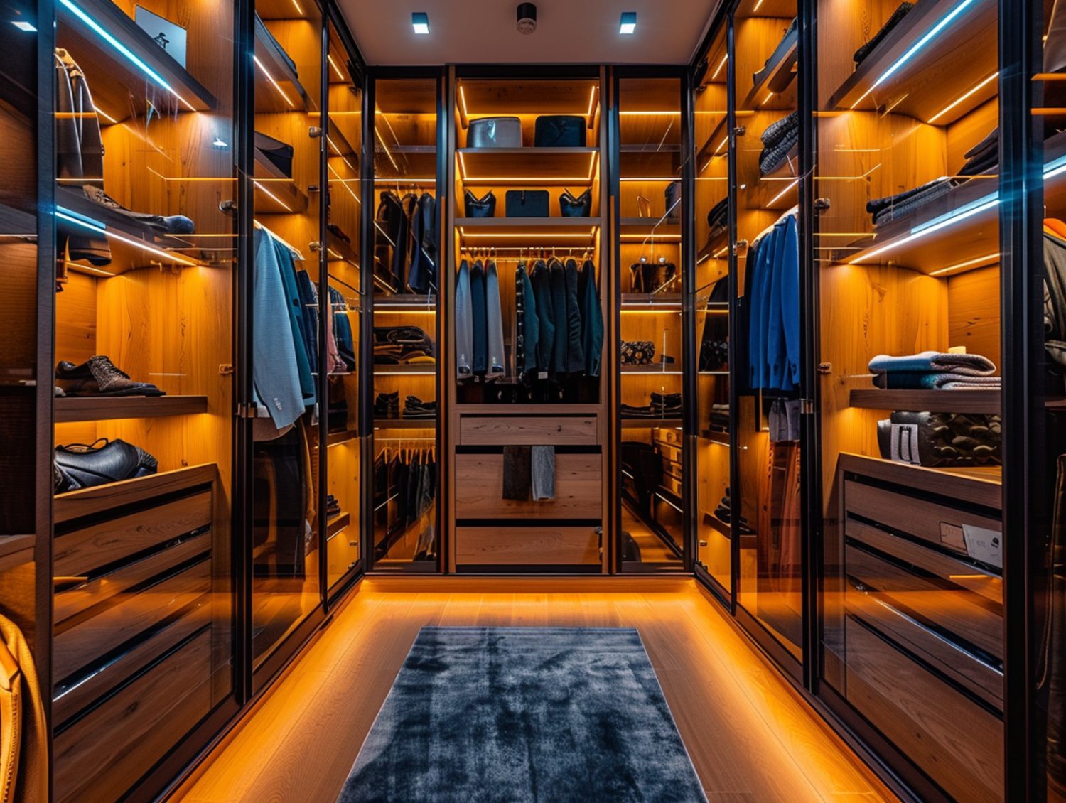 Przestronna garderoba z oświetleniem LED i drewnianymi półkami