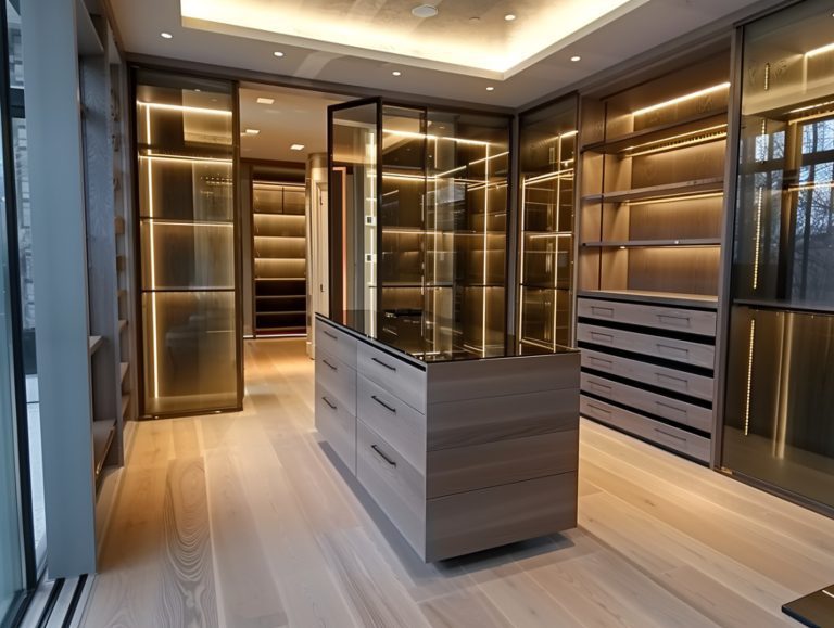 Luksusowa garderoba z podświetleniem LED i wyspą w centrum